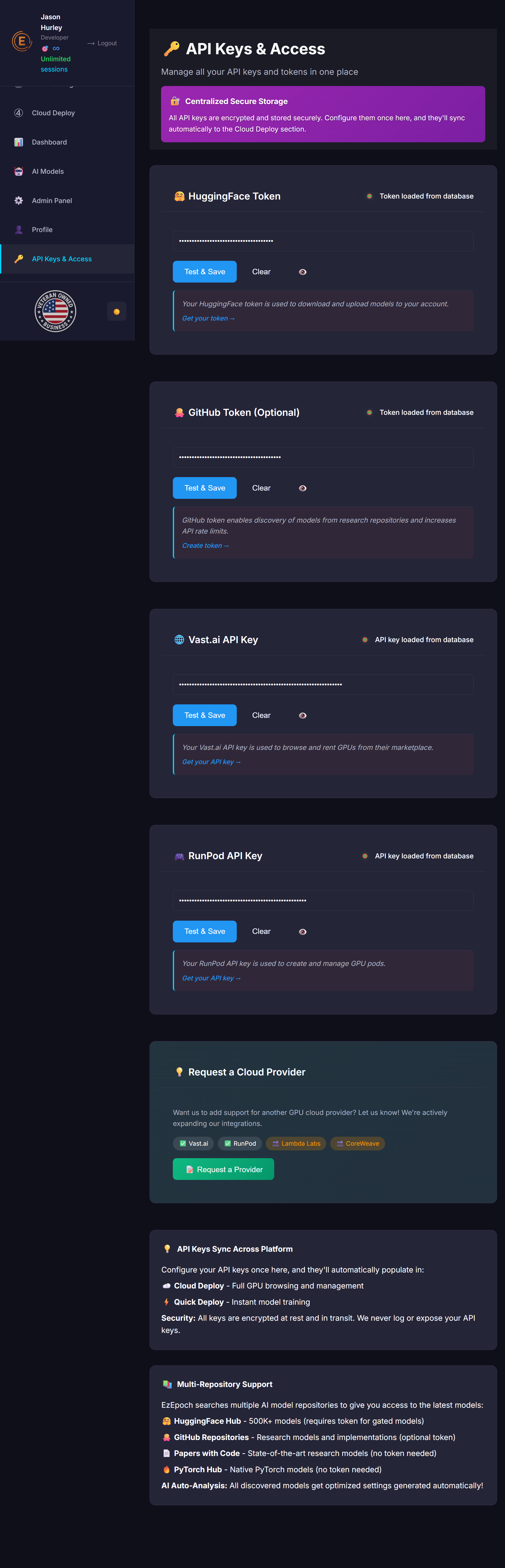 API Keys page